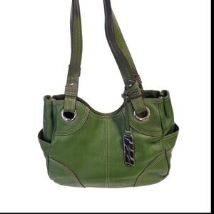 Tignanello Shoulder Bag Purse Genuine Leather Green Silver Classic Double Handle